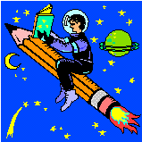 a child riding a pencil while reading a book in the sky