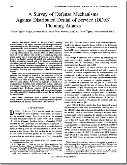 A Survey of Defense Mechanisms Against Distributed Denials of Service Flooding Attacks